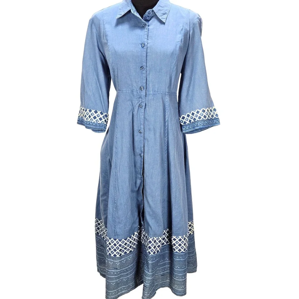 Women's April Cornell Small Blue Chambray Embroidered‎ Midi Shirt Dress Boho